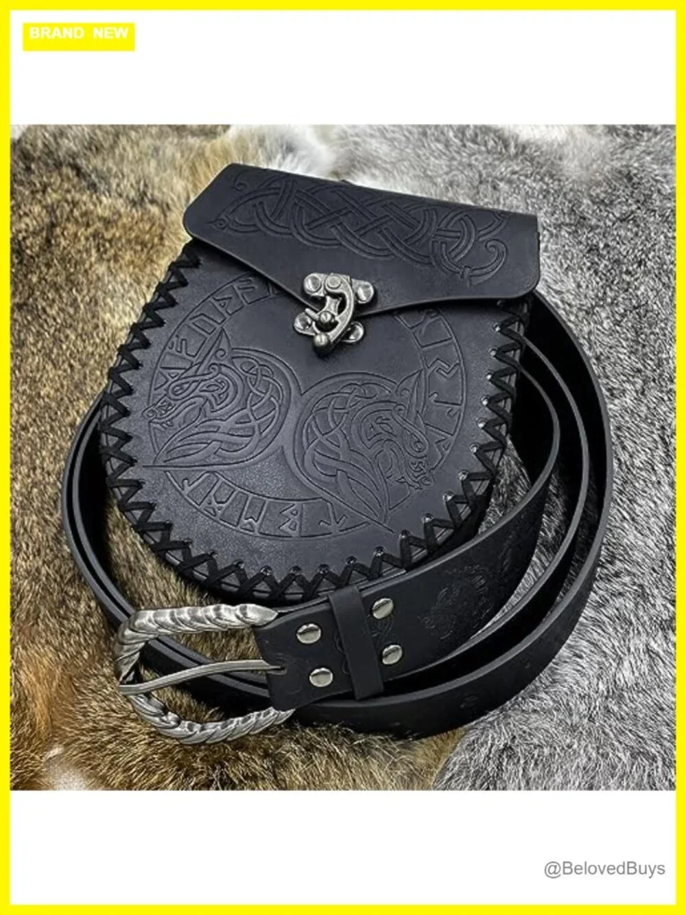 Medieval Embossed Faux Leather Belt with Nordic Pouch Set